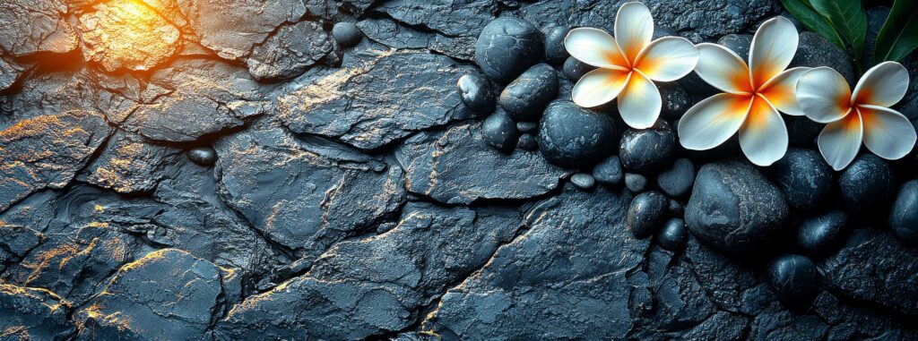 a dark backdrop provides the setting for pristine white frangipani flowers resting on smooth black spa stones