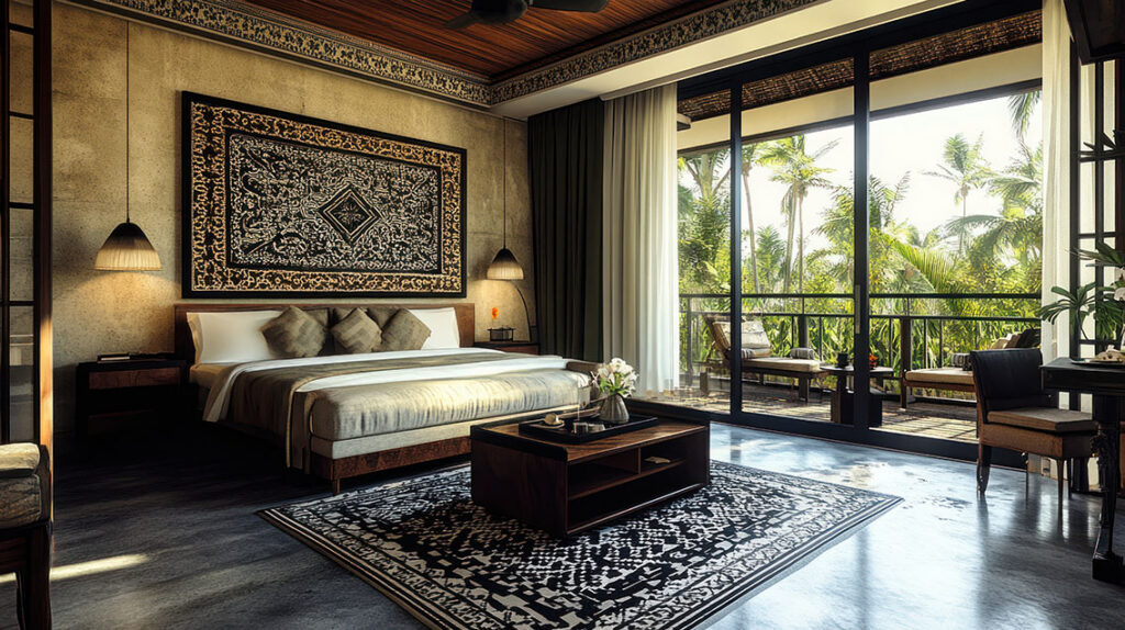 tropical hotel suite, palm view, luxury bed