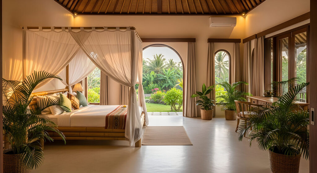 luxurious bedroom with canopy bed and tropical garden view for relaxing stay